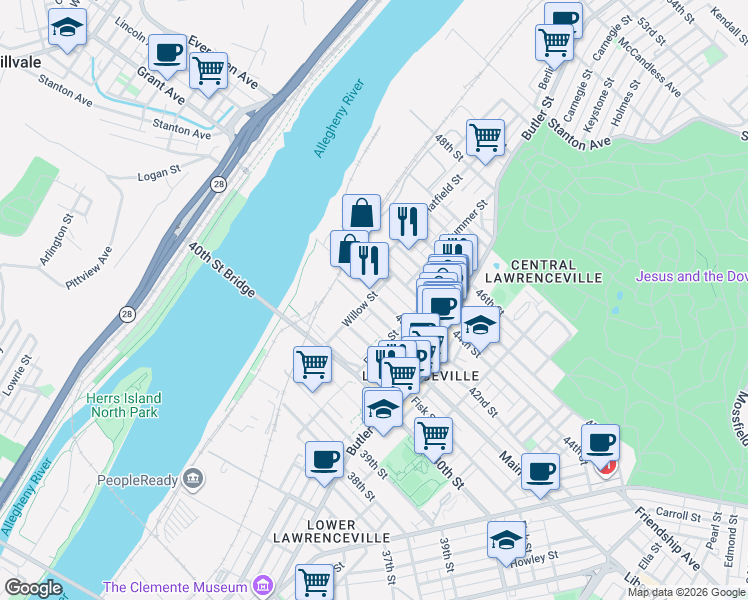 map of restaurants, bars, coffee shops, grocery stores, and more near 93 43rd Street in Pittsburgh
