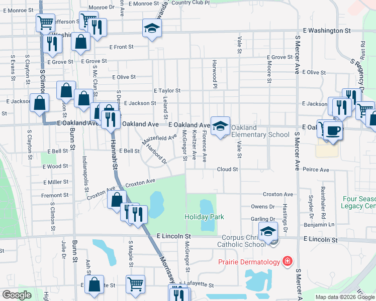 map of restaurants, bars, coffee shops, grocery stores, and more near 513 McGregor Street in Bloomington