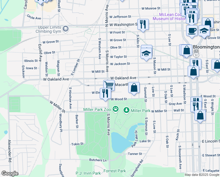 map of restaurants, bars, coffee shops, grocery stores, and more near 939 West Macarthur Avenue in Bloomington