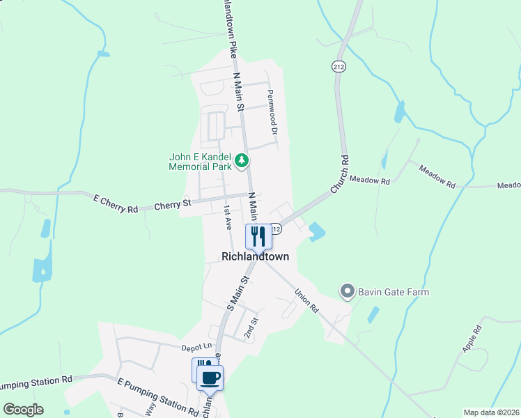 map of restaurants, bars, coffee shops, grocery stores, and more near 15 North Main Street in Richlandtown