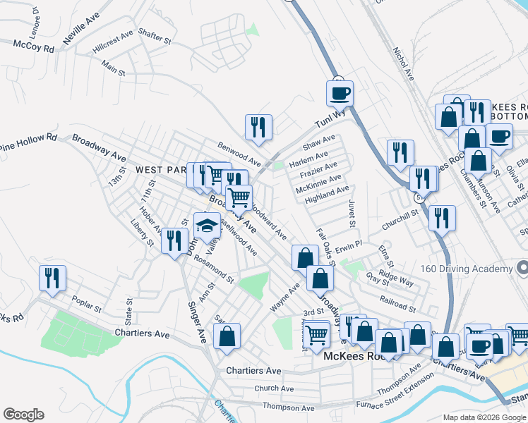 map of restaurants, bars, coffee shops, grocery stores, and more near 818 Lamont Street in McKees Rocks