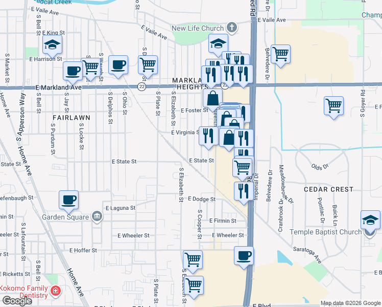 map of restaurants, bars, coffee shops, grocery stores, and more near 1221 South Calumet Street in Kokomo
