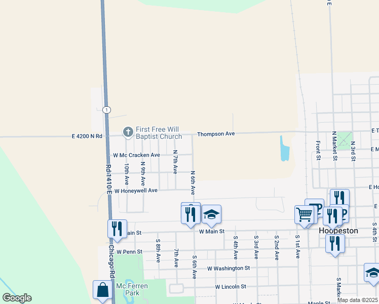 map of restaurants, bars, coffee shops, grocery stores, and more near 501 North 6th Avenue in Hoopeston