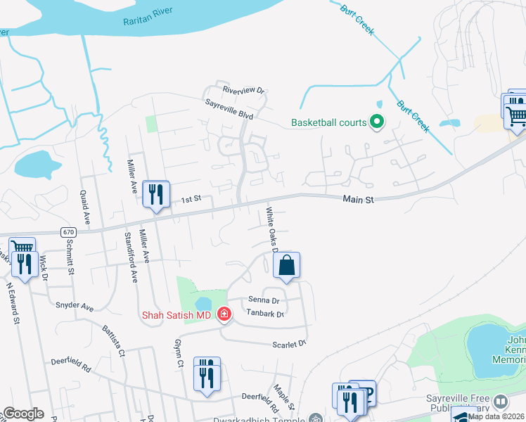 map of restaurants, bars, coffee shops, grocery stores, and more near 657 Main Street in Sayreville