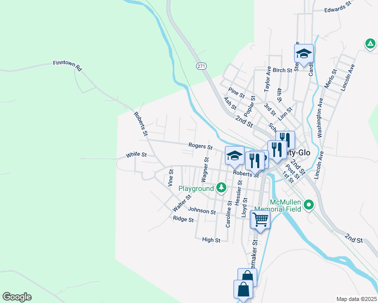 map of restaurants, bars, coffee shops, grocery stores, and more near 801-899 Wood Street in Nanty-Glo