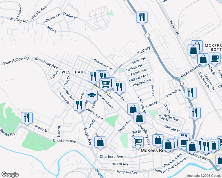 map of restaurants, bars, coffee shops, grocery stores, and more near 643 Woodward Avenue in McKees Rocks