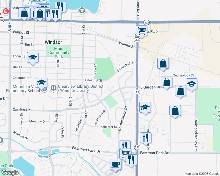 map of restaurants, bars, coffee shops, grocery stores, and more near 10 East Garden Drive in Windsor