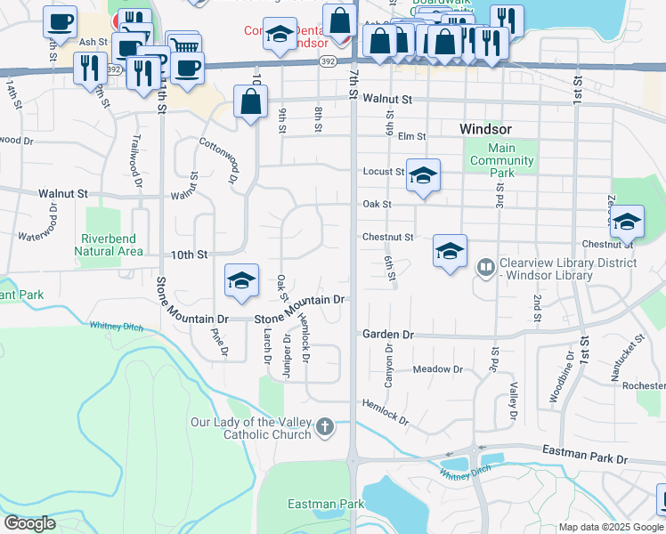 map of restaurants, bars, coffee shops, grocery stores, and more near 715 Shipman Mountain Court in Windsor