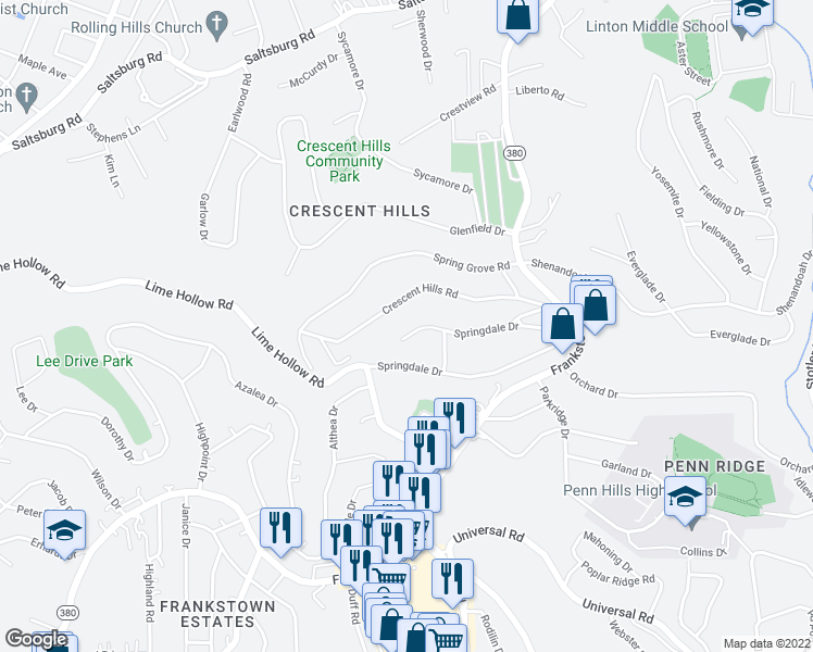 map of restaurants, bars, coffee shops, grocery stores, and more near 150 Crescent Hills Road in Pittsburgh