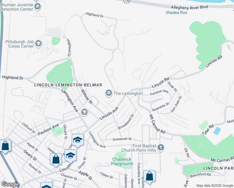 map of restaurants, bars, coffee shops, grocery stores, and more near 7111 Campania Avenue in Pittsburgh