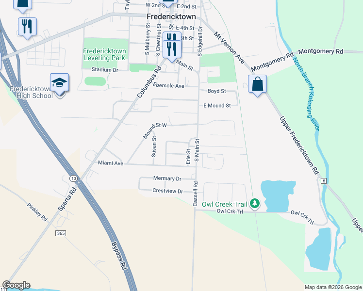 map of restaurants, bars, coffee shops, grocery stores, and more near 173 South Main Street in Fredericktown