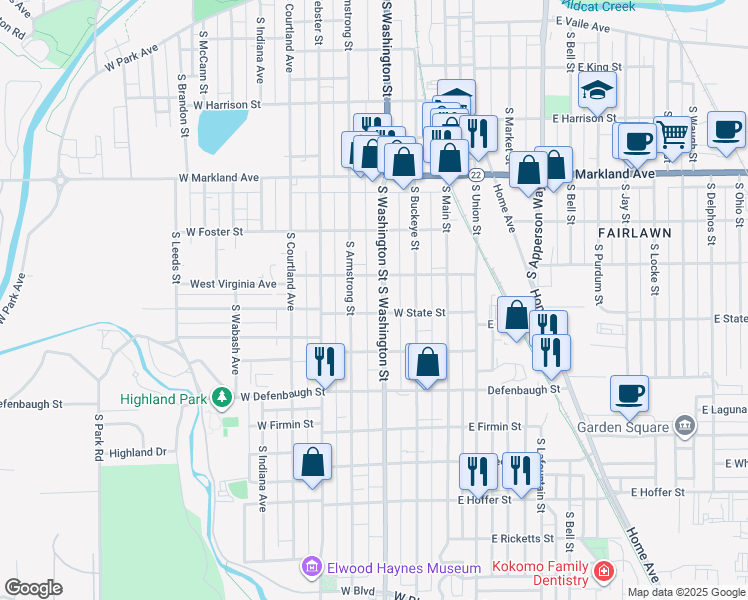 map of restaurants, bars, coffee shops, grocery stores, and more near 349 West Virginia Avenue in Kokomo
