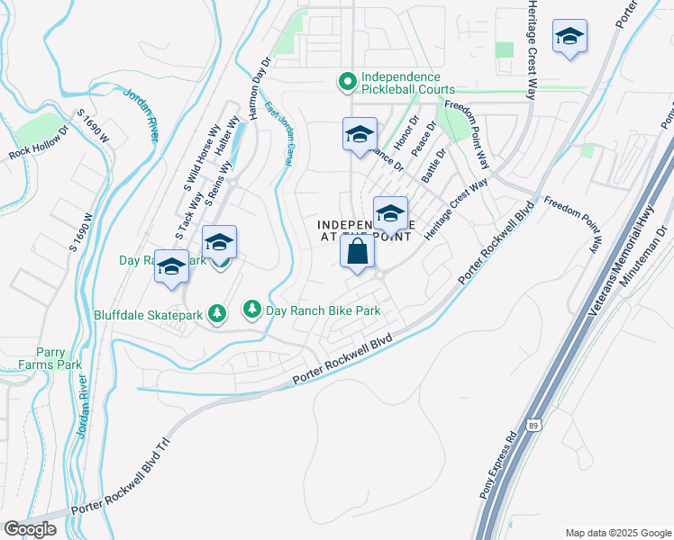 map of restaurants, bars, coffee shops, grocery stores, and more near 1023 Molly Pitcher Circle in Bluffdale