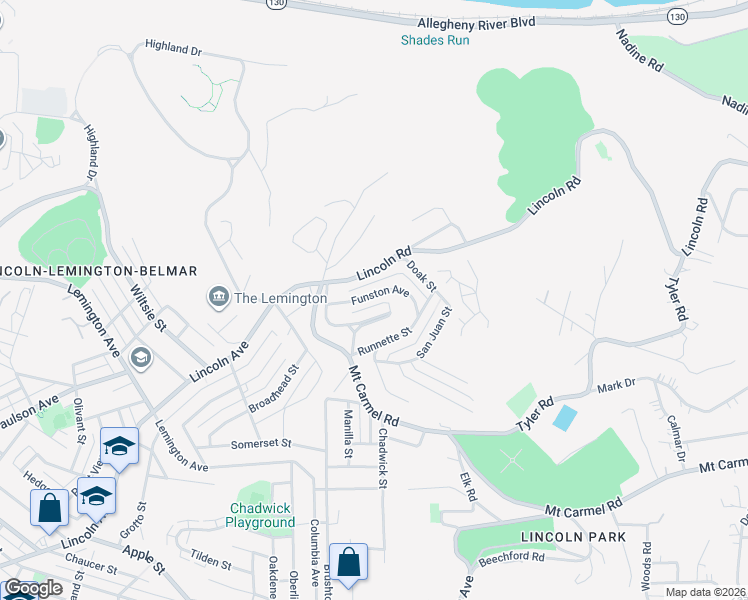 map of restaurants, bars, coffee shops, grocery stores, and more near 1848 Lincoln Road in Pittsburgh