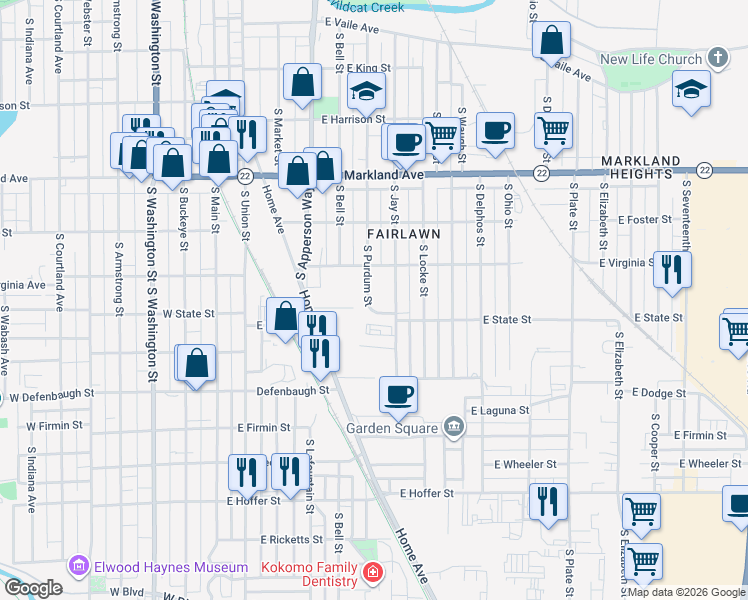 map of restaurants, bars, coffee shops, grocery stores, and more near 1208 South Purdum Street in Kokomo