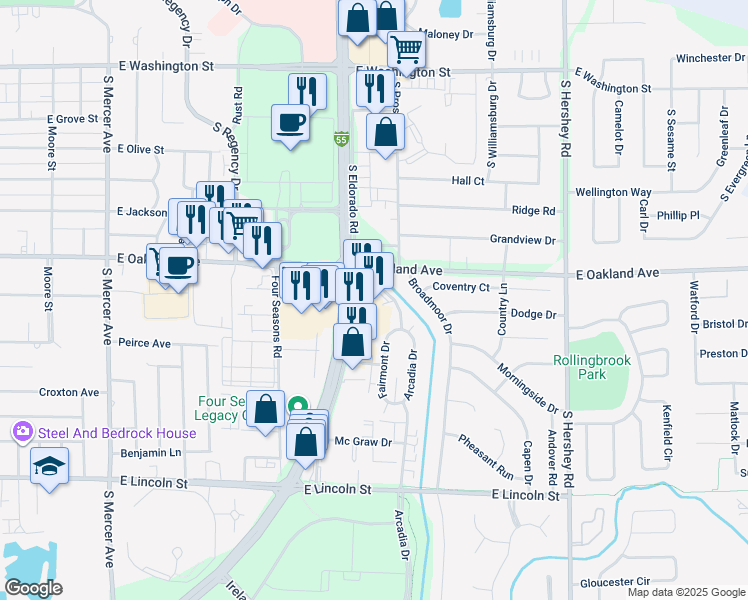 map of restaurants, bars, coffee shops, grocery stores, and more near 600-702 Arcadia Dr in Bloomington
