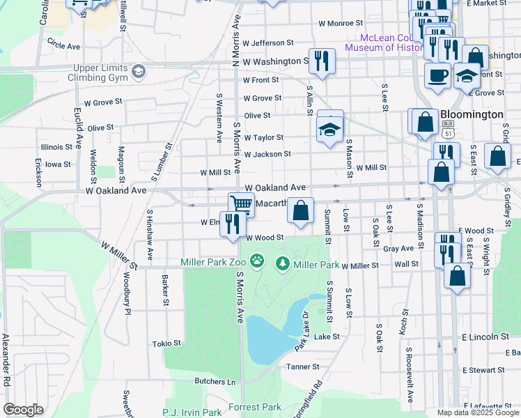 map of restaurants, bars, coffee shops, grocery stores, and more near 939 West Macarthur Avenue in Bloomington