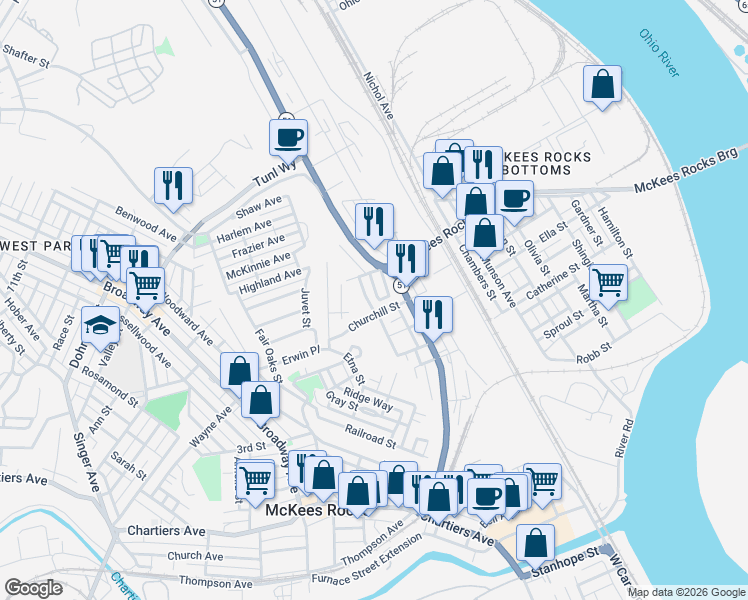 map of restaurants, bars, coffee shops, grocery stores, and more near 709 Fruit Way in McKees Rocks