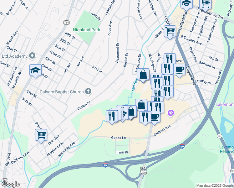 map of restaurants, bars, coffee shops, grocery stores, and more near 623 Claybrooke Drive in Altoona