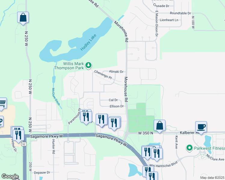 map of restaurants, bars, coffee shops, grocery stores, and more near 1917 Abnaki Way in West Lafayette