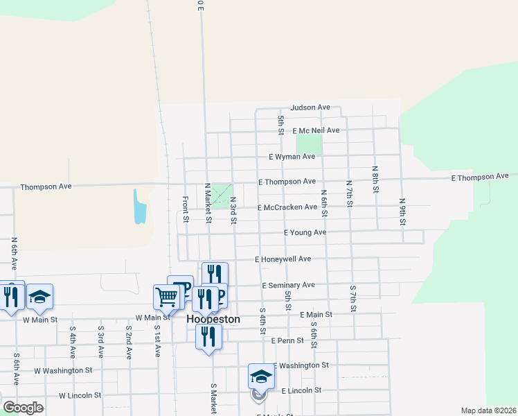 map of restaurants, bars, coffee shops, grocery stores, and more near 498 North 4th Street in Hoopeston