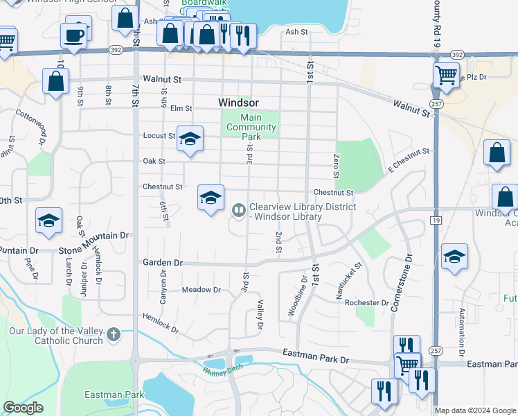 map of restaurants, bars, coffee shops, grocery stores, and more near 215 Chestnut Street in Windsor