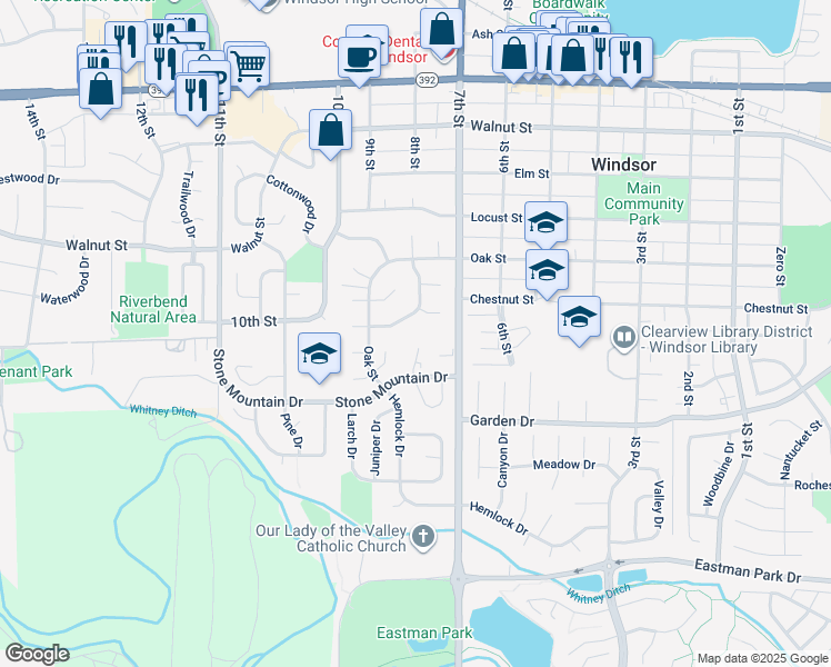 map of restaurants, bars, coffee shops, grocery stores, and more near 714 Parkview Mountain Drive in Windsor
