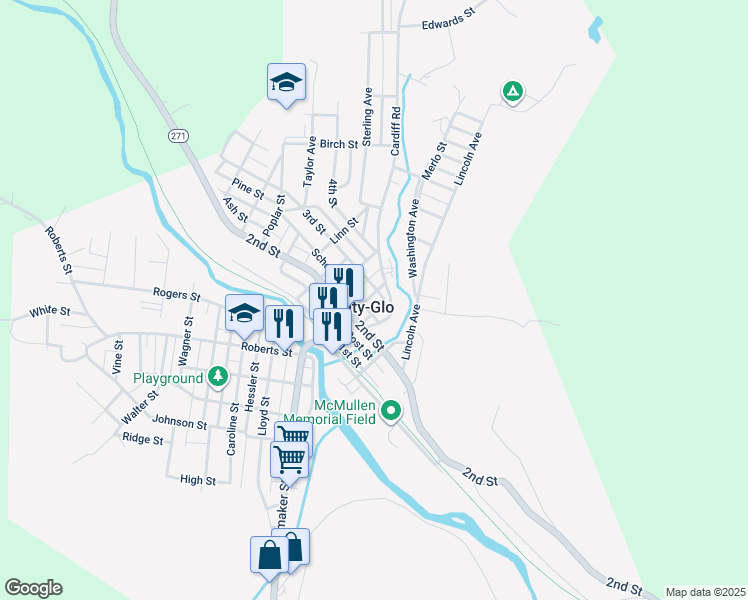 map of restaurants, bars, coffee shops, grocery stores, and more near 1113 Chestnut Street in Nanty-Glo