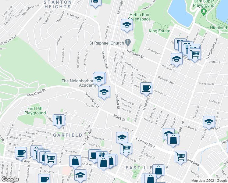 map of restaurants, bars, coffee shops, grocery stores, and more near 5400 Stanton Avenue in Pittsburgh