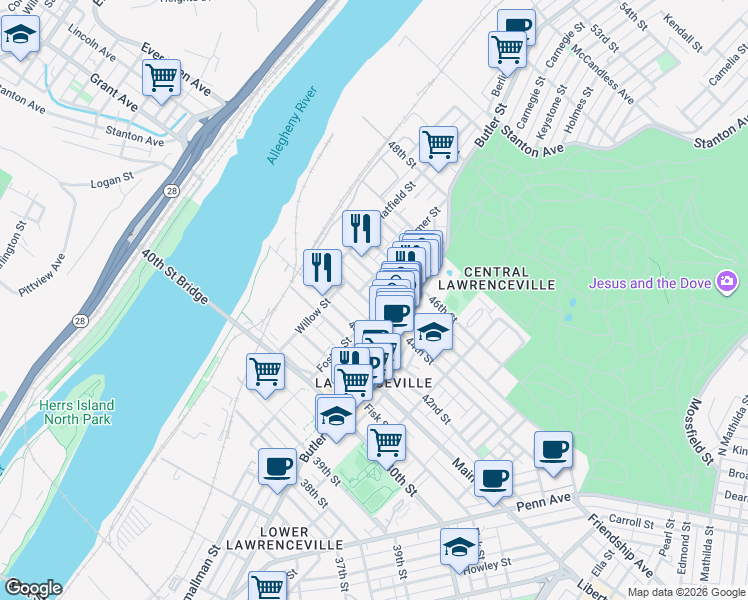 map of restaurants, bars, coffee shops, grocery stores, and more near in ARSENAL