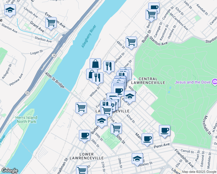 map of restaurants, bars, coffee shops, grocery stores, and more near 132 44th Street in Pittsburgh