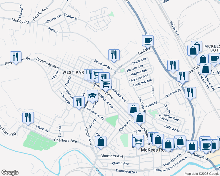 map of restaurants, bars, coffee shops, grocery stores, and more near 705 Woodward Avenue in McKees Rocks