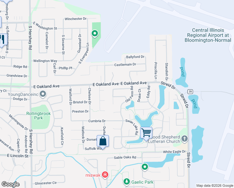 map of restaurants, bars, coffee shops, grocery stores, and more near 3411 Fountain Lake Drive in Bloomington