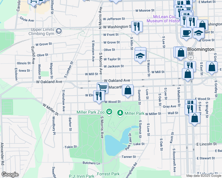 map of restaurants, bars, coffee shops, grocery stores, and more near 939 West Macarthur Avenue in Bloomington