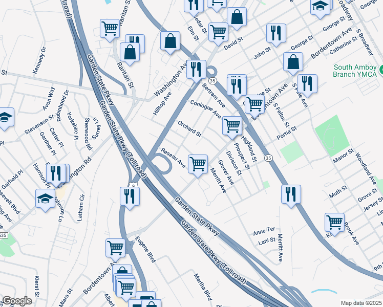 map of restaurants, bars, coffee shops, grocery stores, and more near 18 Crescent Avenue in South Amboy