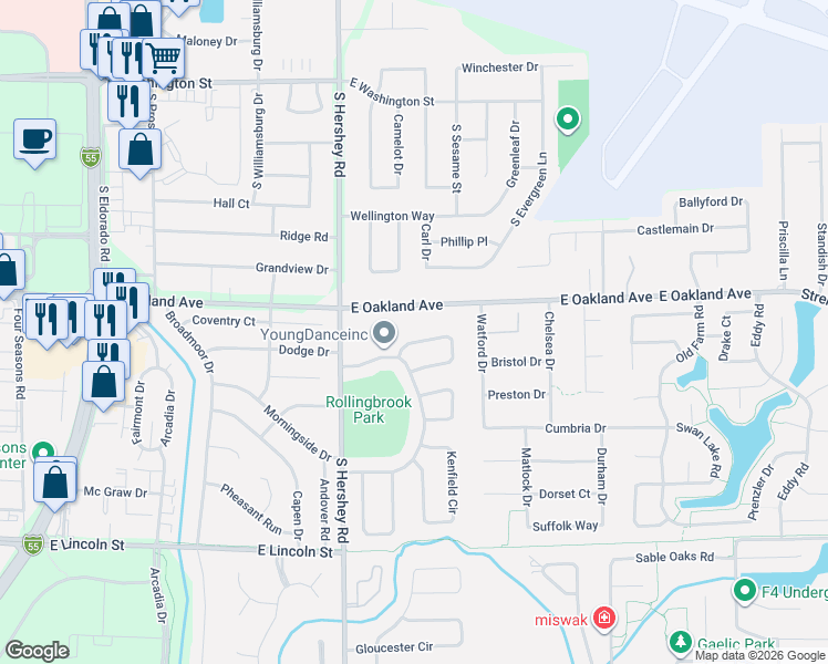 map of restaurants, bars, coffee shops, grocery stores, and more near 3013 East Oakland Avenue in Bloomington