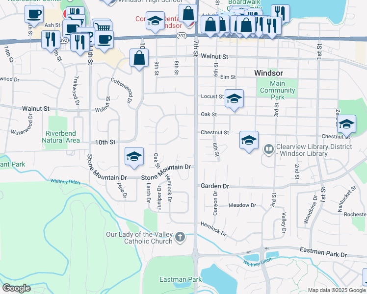map of restaurants, bars, coffee shops, grocery stores, and more near 814 Stone Mountain Drive in Windsor