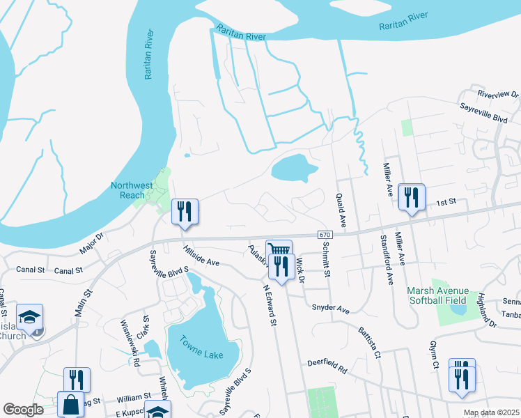 map of restaurants, bars, coffee shops, grocery stores, and more near 100 Blaszka Terrace in Sayreville