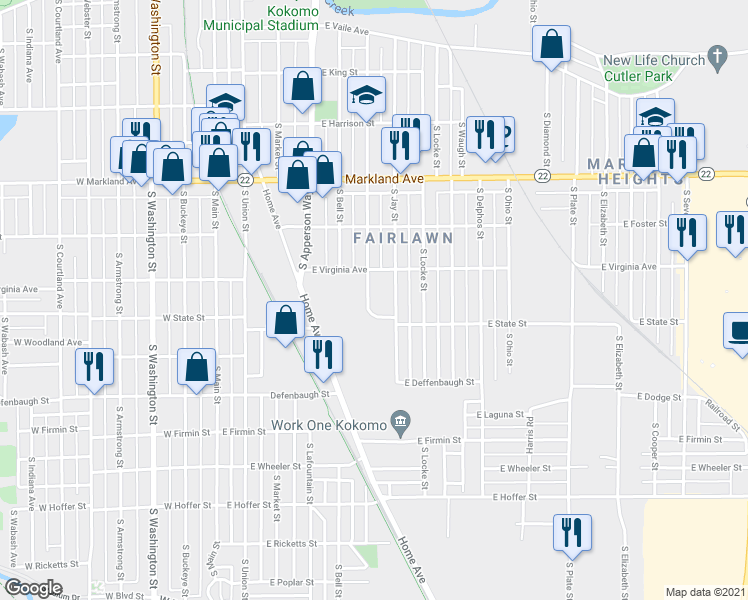 map of restaurants, bars, coffee shops, grocery stores, and more near 1214 South Purdum Street in Kokomo