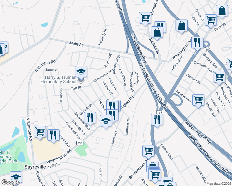 map of restaurants, bars, coffee shops, grocery stores, and more near 8 Carter Place in Sayreville