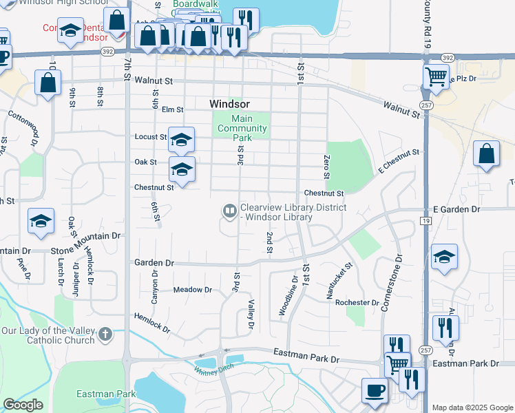 map of restaurants, bars, coffee shops, grocery stores, and more near 215 Chestnut Street in Windsor