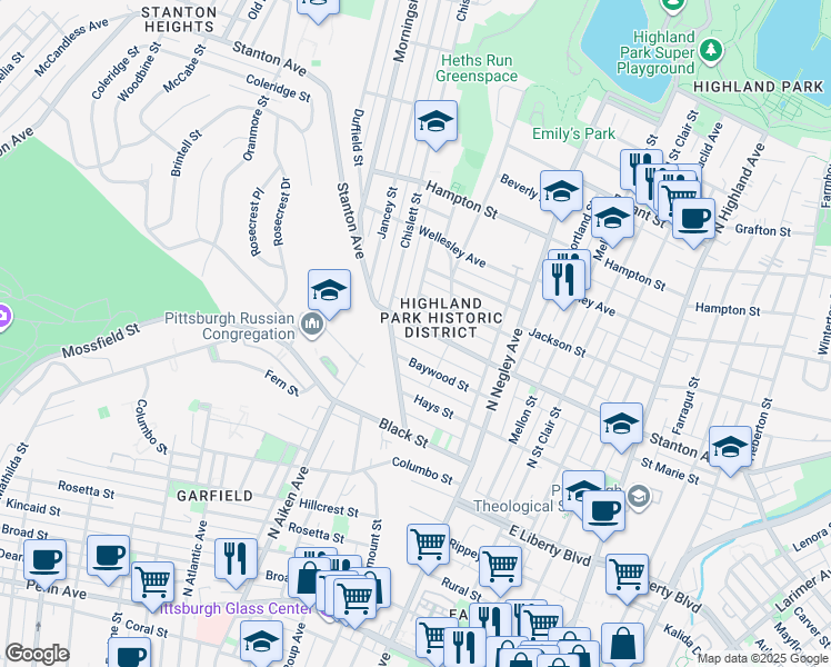 map of restaurants, bars, coffee shops, grocery stores, and more near 5443 Stanton Avenue in Pittsburgh