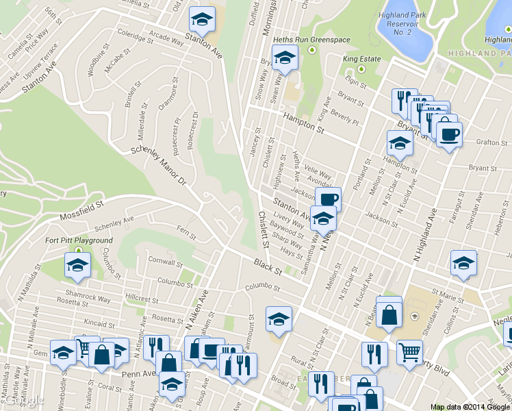 map of restaurants, bars, coffee shops, grocery stores, and more near 5400 Stanton Avenue in Pittsburgh
