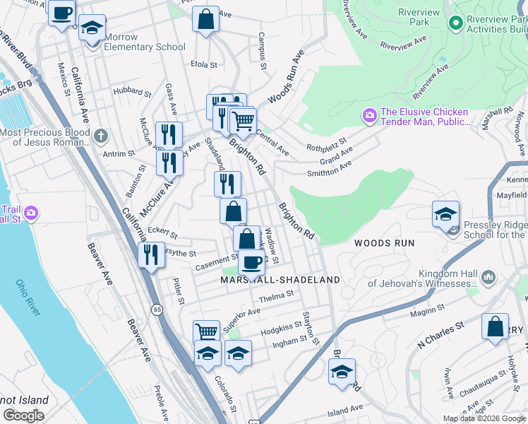 map of restaurants, bars, coffee shops, grocery stores, and more near 3036 Wadlow Street in Pittsburgh