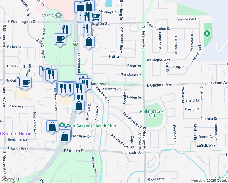 map of restaurants, bars, coffee shops, grocery stores, and more near 2816 Coventry Court in Bloomington