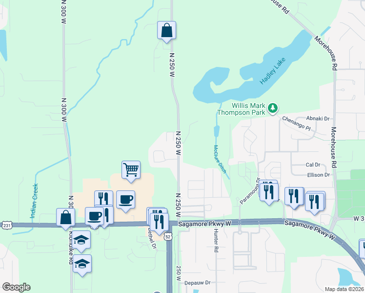 map of restaurants, bars, coffee shops, grocery stores, and more near 3741 North 250 West in West Lafayette