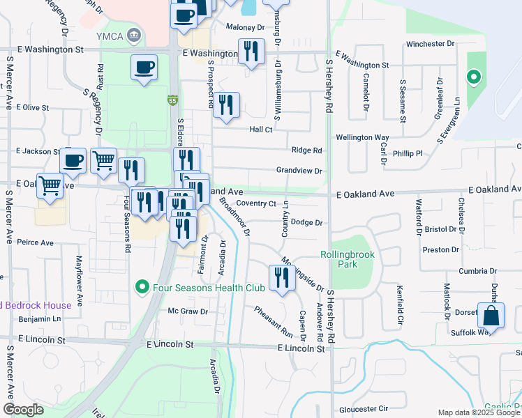 map of restaurants, bars, coffee shops, grocery stores, and more near 2816 Coventry Court in Bloomington