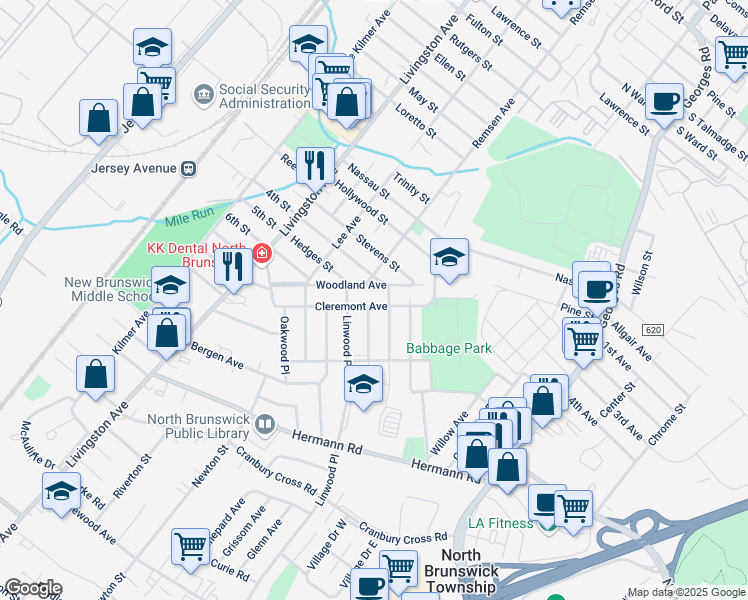 map of restaurants, bars, coffee shops, grocery stores, and more near 43 Cleremont Avenue in North Brunswick Township