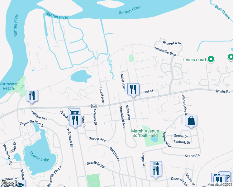 map of restaurants, bars, coffee shops, grocery stores, and more near 85 Standiford Avenue in Sayreville