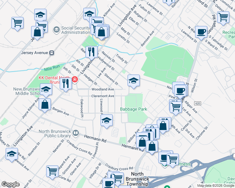 map of restaurants, bars, coffee shops, grocery stores, and more near 71 Roseland Place in North Brunswick Township